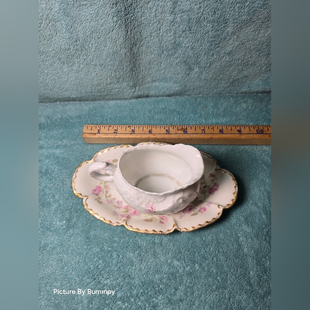 Haviland Limoges Pink Spray Gold Wreath Gravy Boat & Underplate Made In France